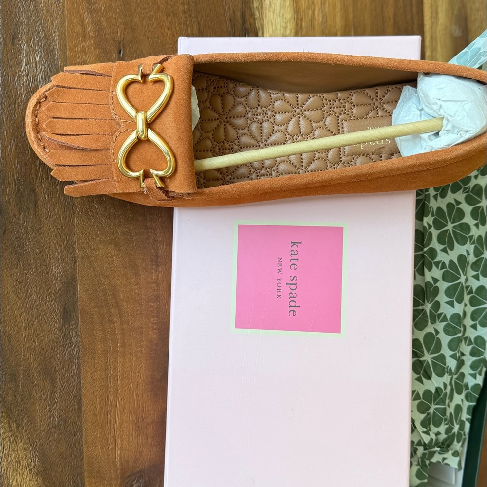 Kate Spade Suede Fringed Loafers with Signature Spade Gold Accent — New in box